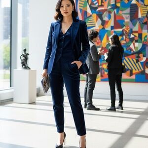 NWT Botong Deep Navy Velvet 3 Piece Suit Size M/L Vest Pants Blazer Jacket